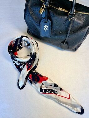 Vintage YSL Silk Scarf 35” Rose Print Black Red White Sheer Yves Saint Laurent